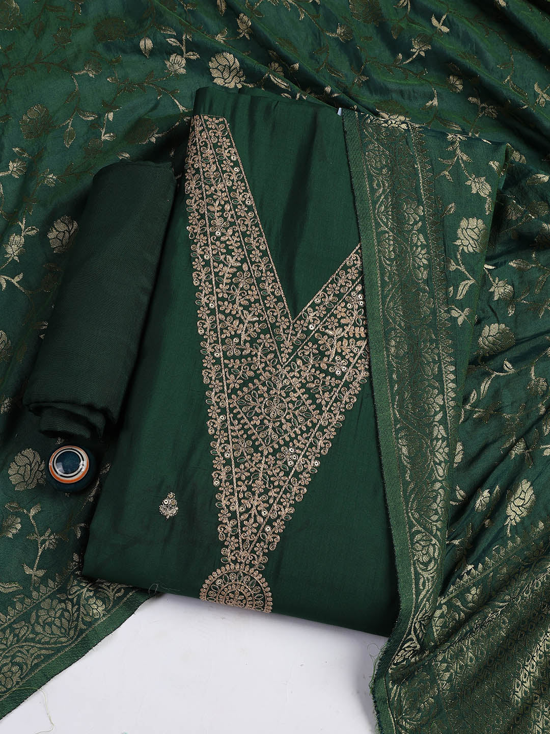 Embroidered Chanderi Unstitched Suit Piece With Dupatta