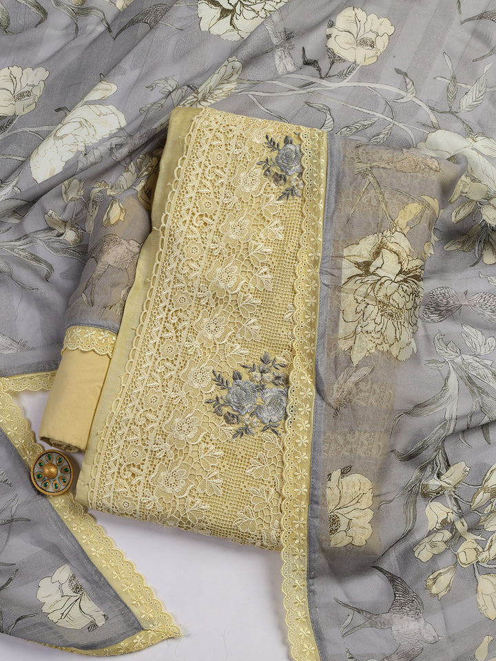 Embroidery Linen Unstitched Suit With Dupatta