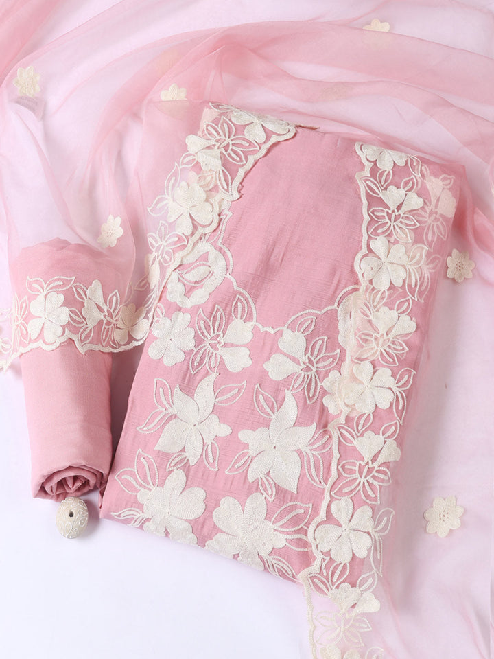 Neck Embroidery Chanderi Unstitched Suit With Dupatta