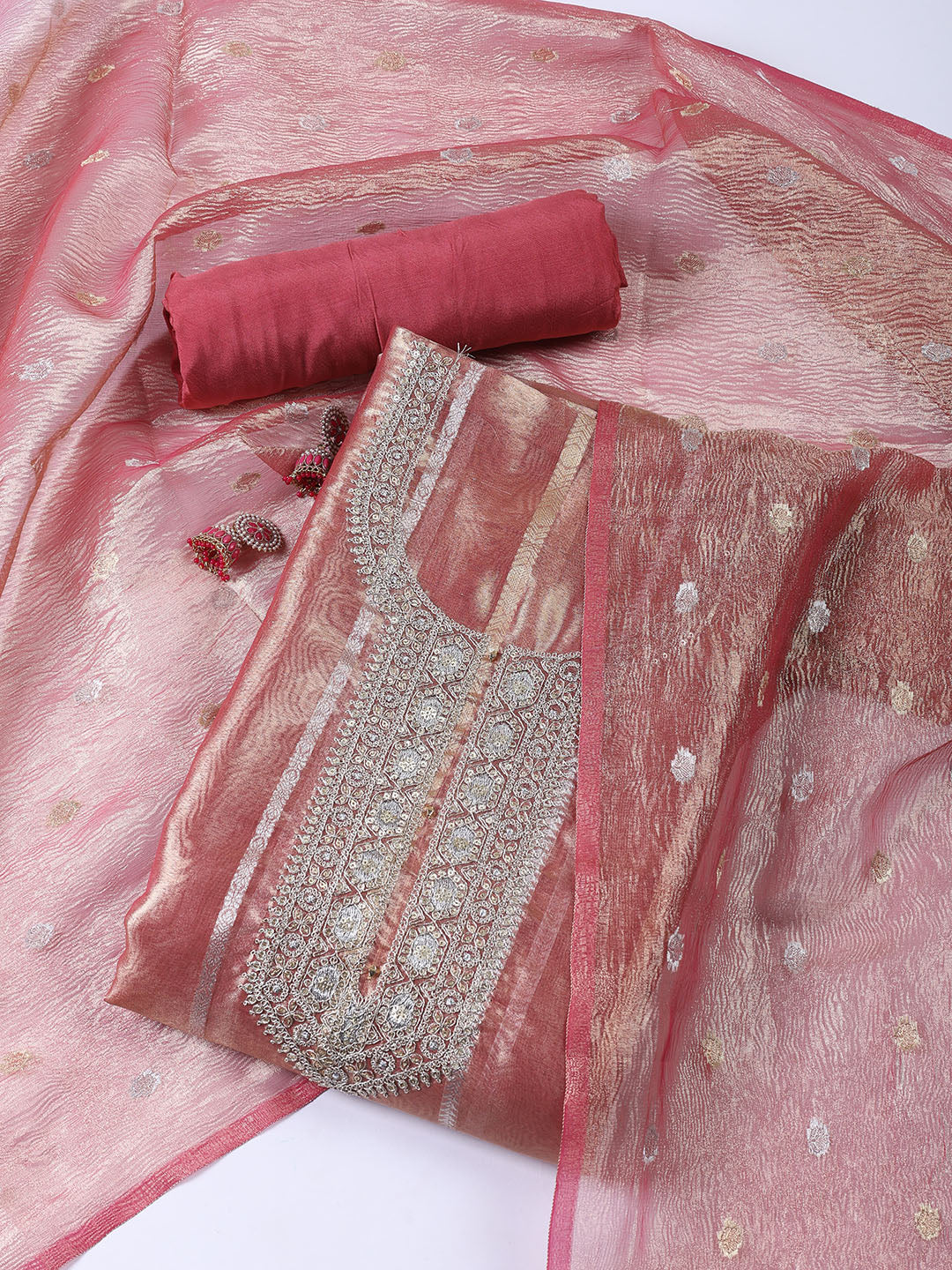 Neck Embroidered Tissue Unstitched Suit With Dupatta