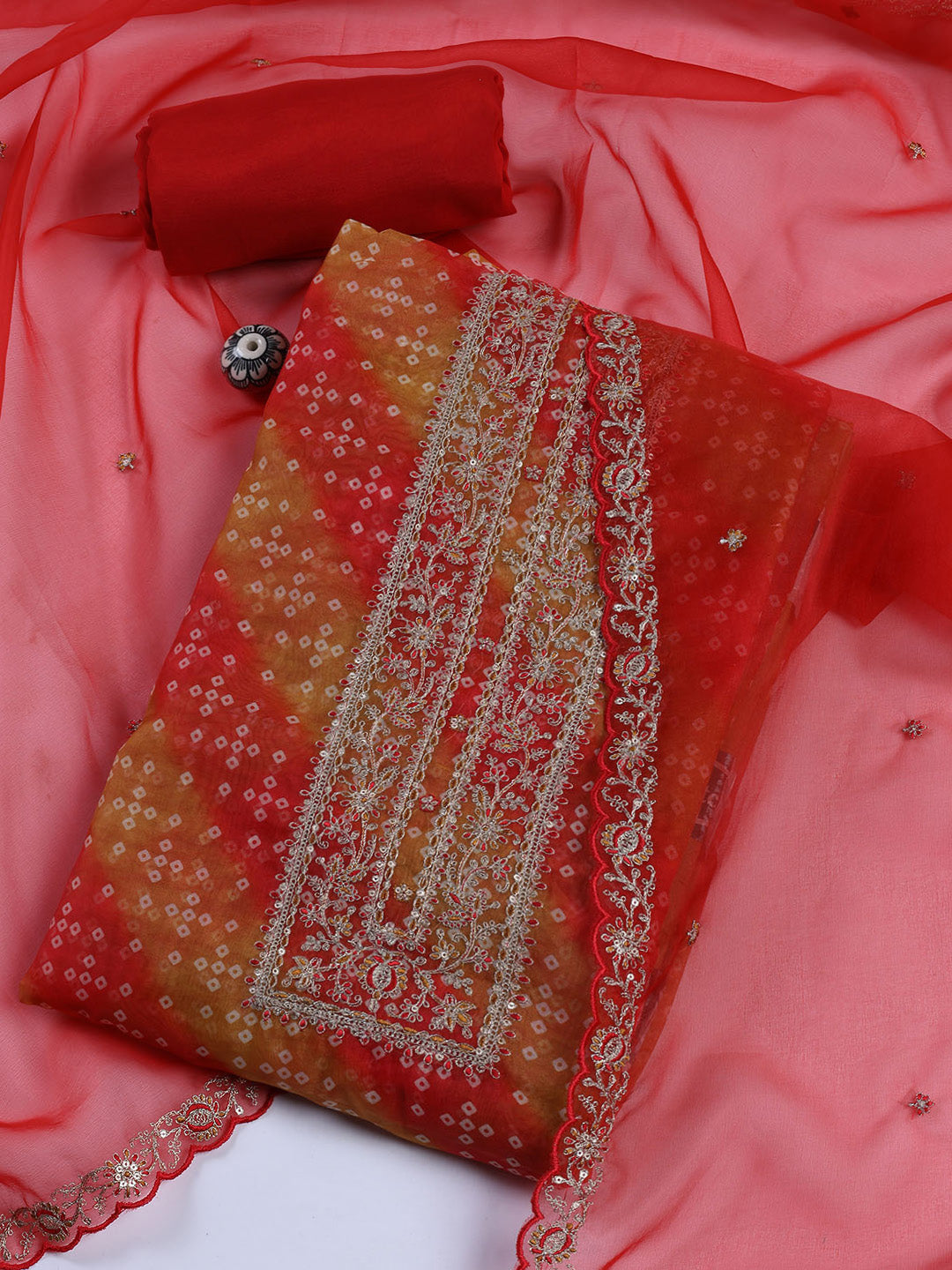 Neck Embroidered Organza Unstitched Suit With Dupatta