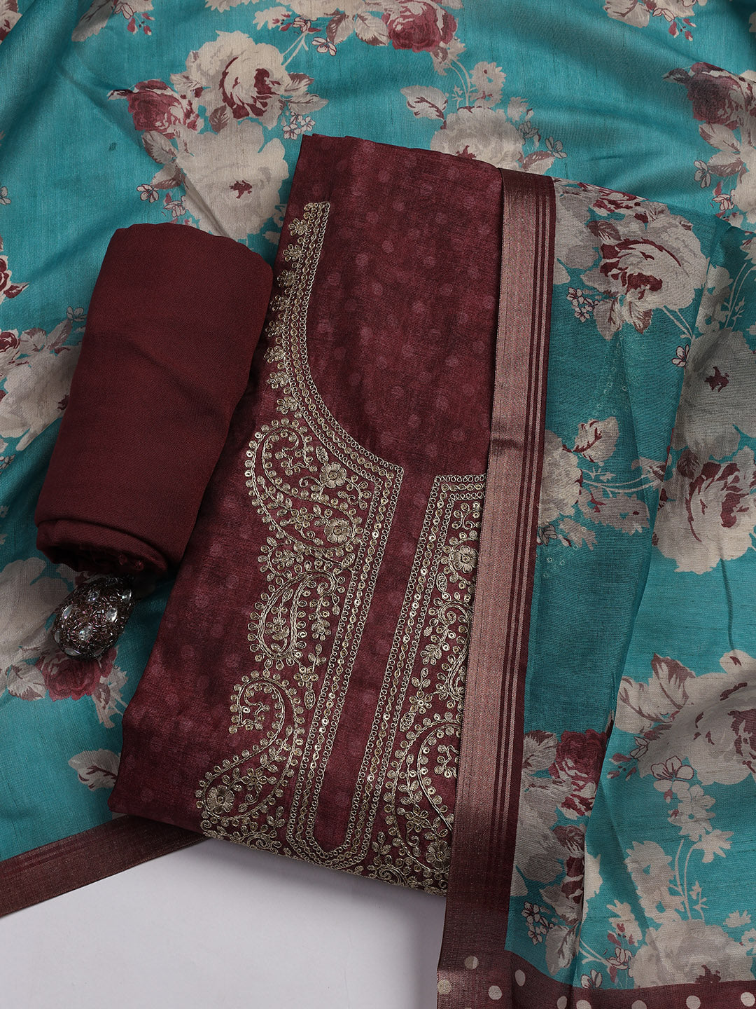 Embroidered Chanderi Unstitched Suit Piece With Dupatta
