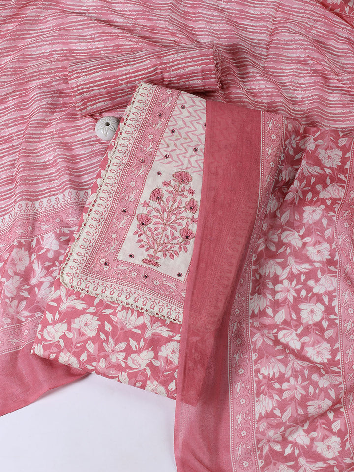 Printed Cotton Blend Unstitched Suit With Dupatta