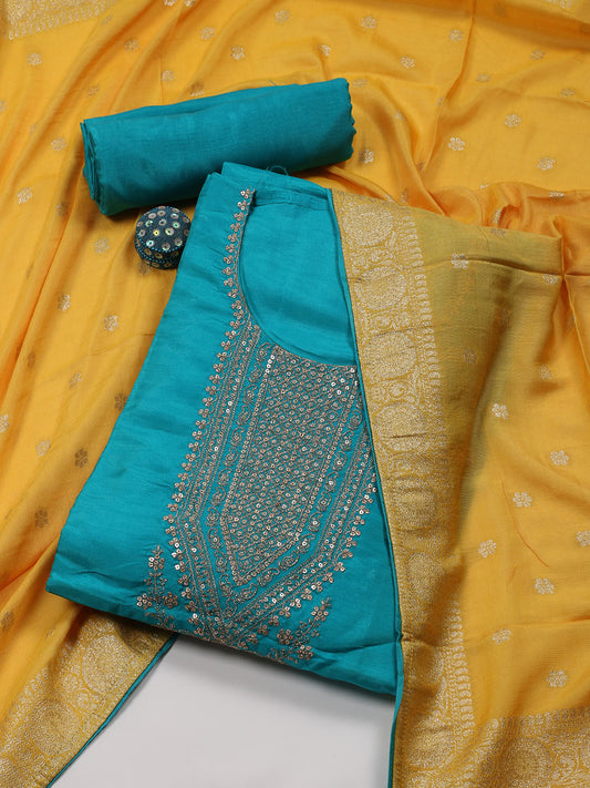 Neck Embroidered Chanderi Unstitched Suit Piece With Banarsi Dupatta