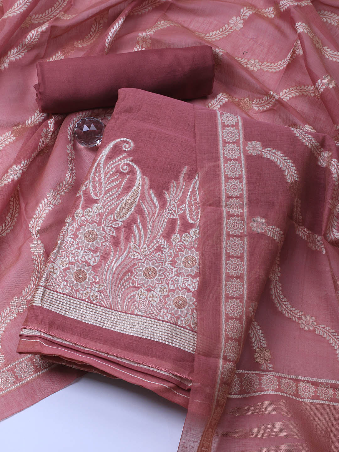 Neck Embroidered Chanderi Unstitched Suit With Dupatta