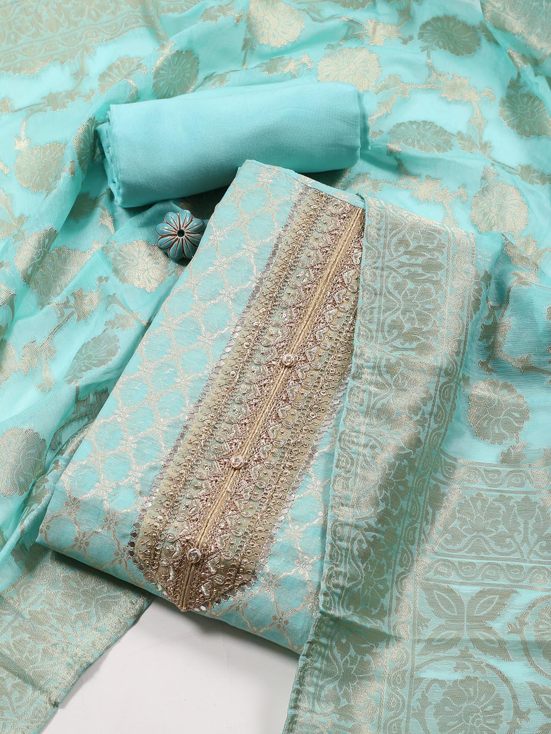 Neck Patti Printed Chanderi Unstitched Suit With Dupatta
