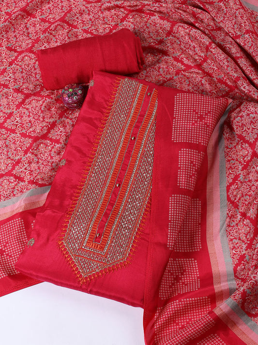 Neck Embroidered Chanderi Unstitched Suit Piece With Dupatta