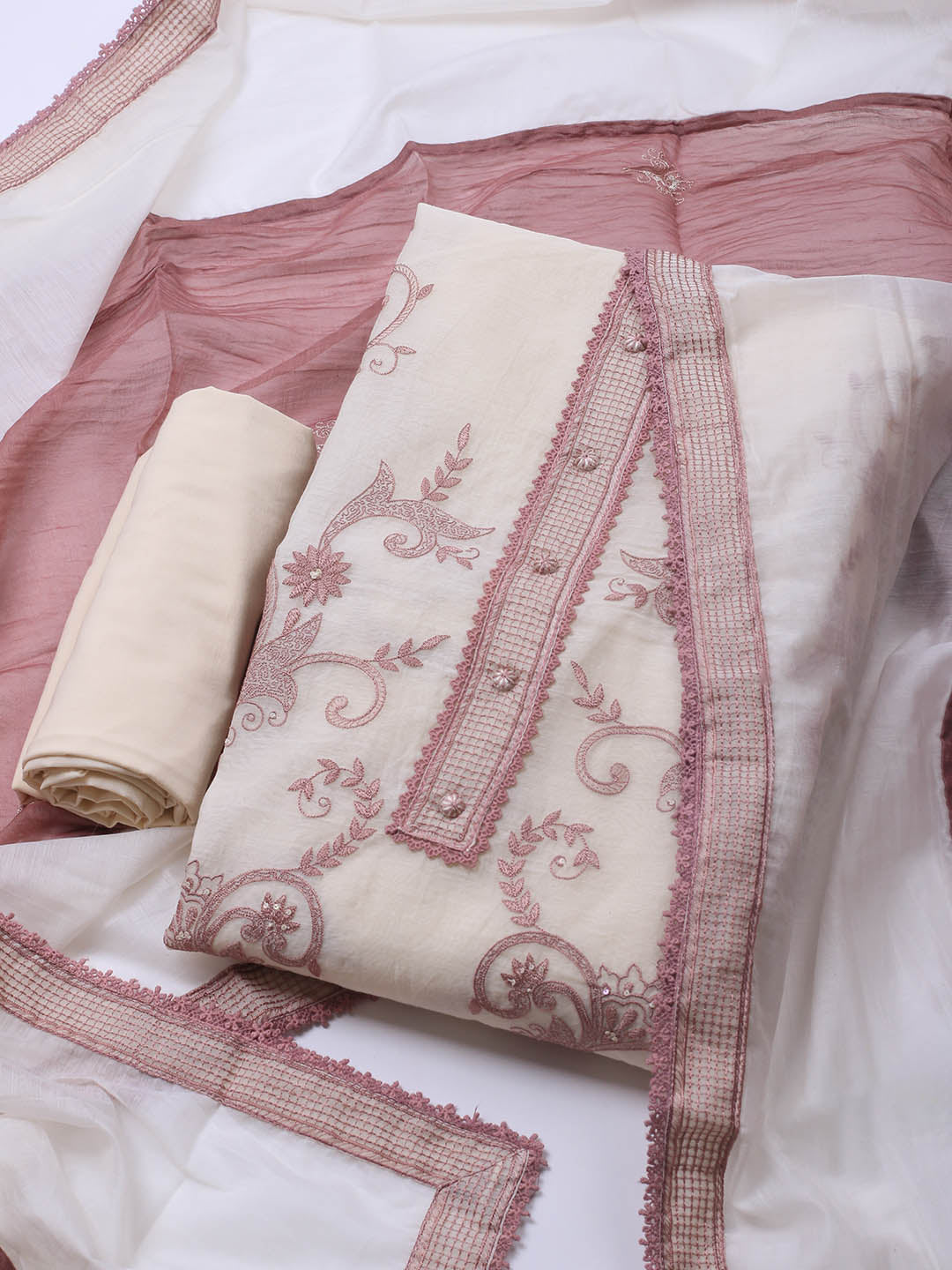 Embroidered Chanderi Unstitched Suit With Dupatta