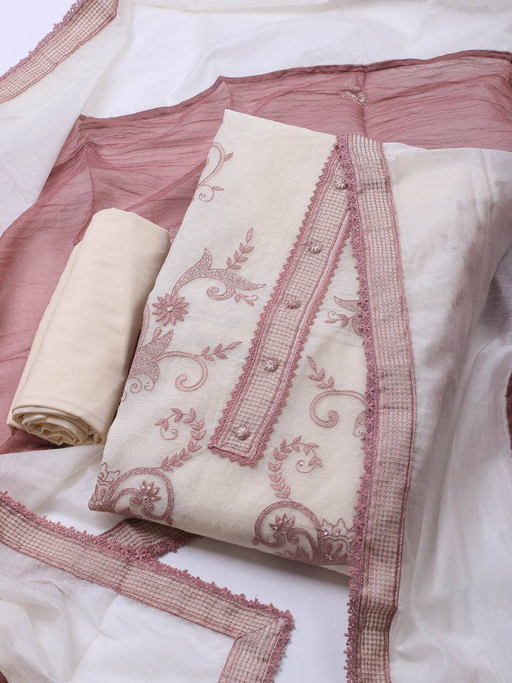 Embroidered Chanderi Unstitched Suit With Dupatta