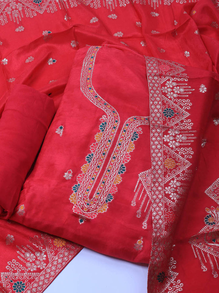 Neck Embroidery Chanderi Unstitched Suit With Dupatta