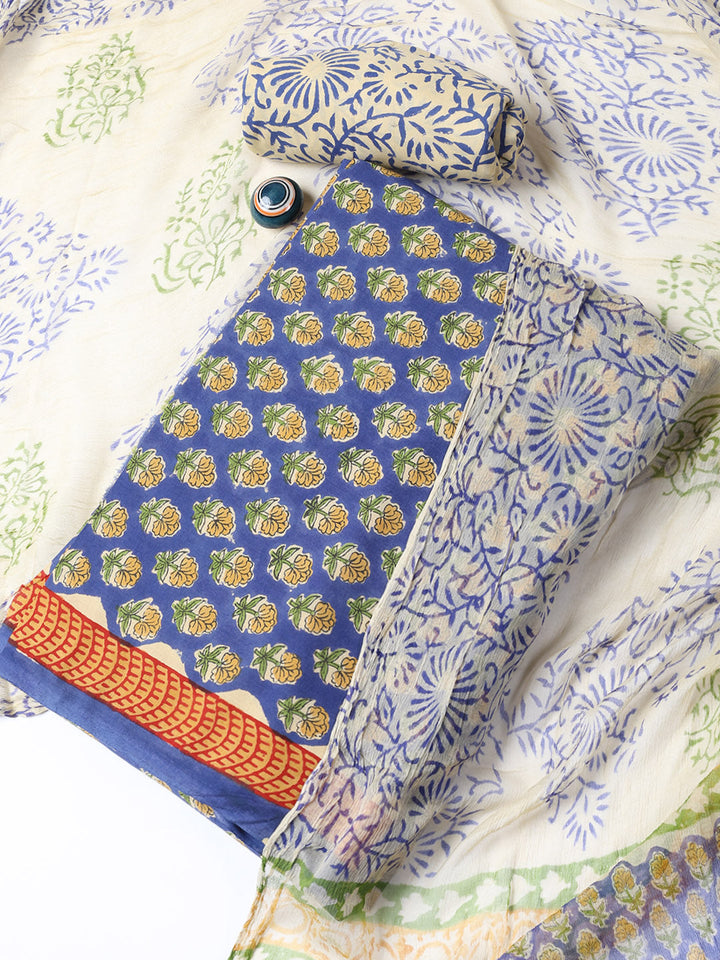 Printed Cotton Blend Unstitched Suit With Dupatta