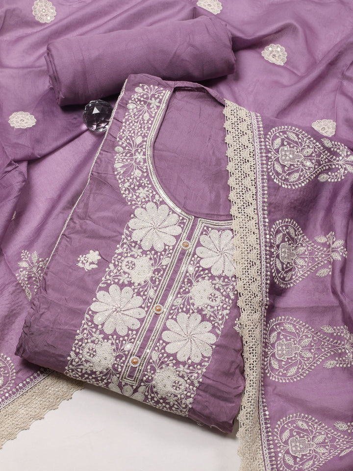 Thread Embroidery Cotton Blend Unstitched Suit With Dupatta
