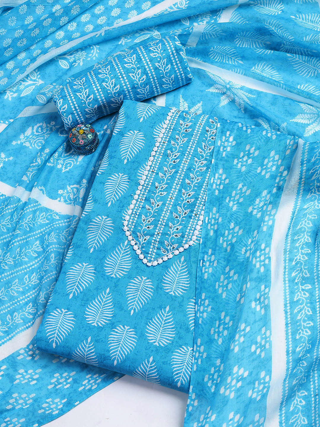 Printed Cotton Blend Unstitched Suit With Dupatta