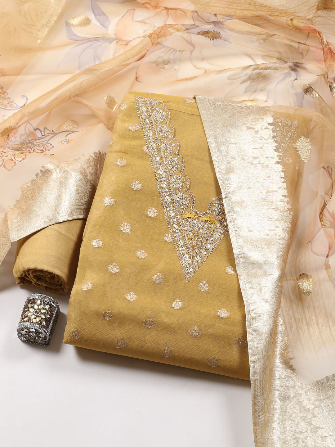 Neck Embroidered Tissue Unstitched Suit Piece With Dupatta