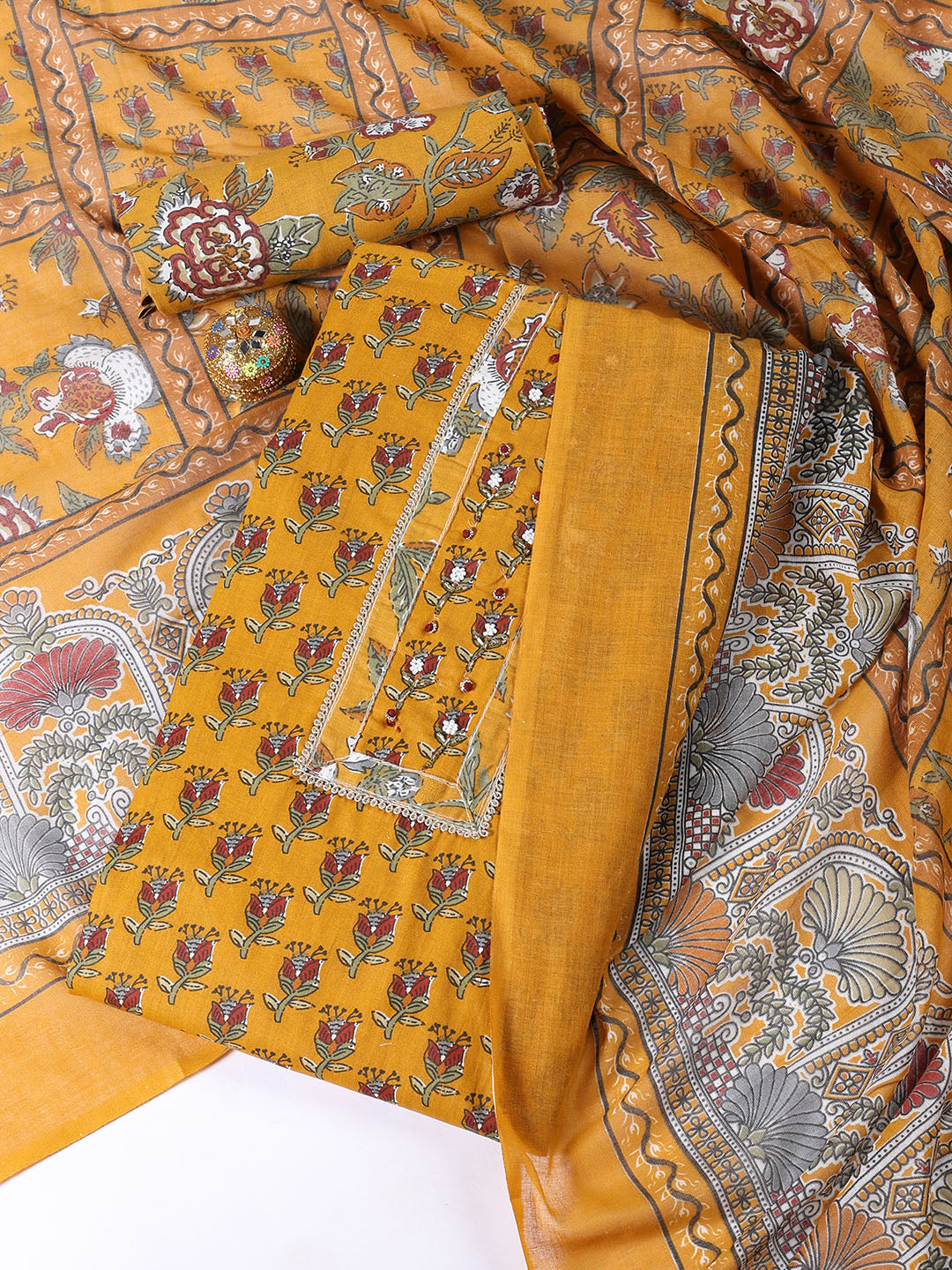Printed Cotton Blend Unstitched Suit With Dupatta