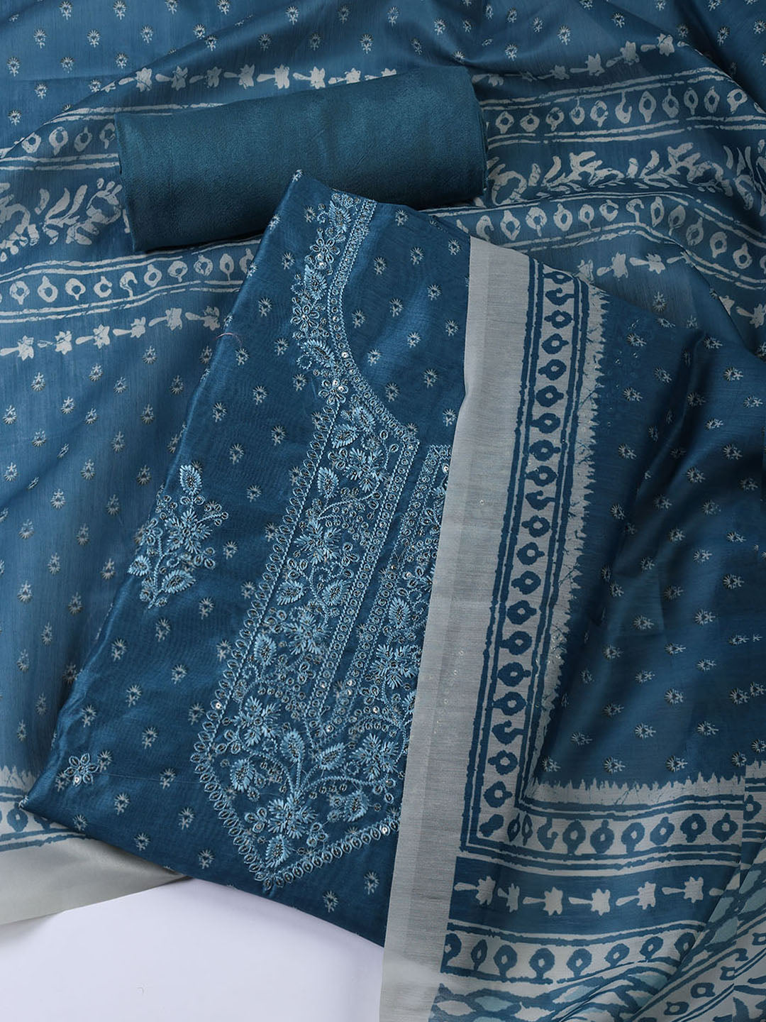 Neck Embroidery Chanderi Unstitched Suit With Dupatta