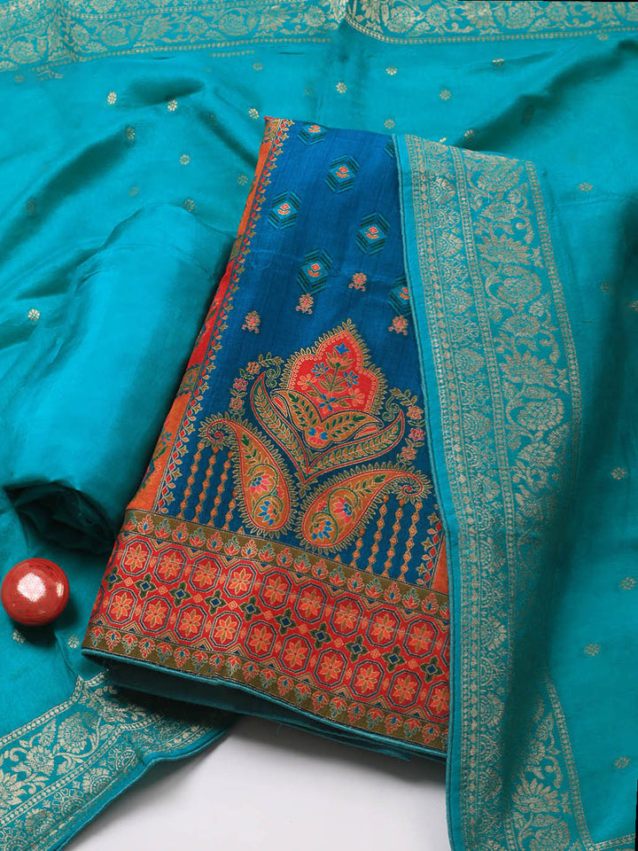 Embroidered Art Silk Unstitched Suit Piece With Dupatta
