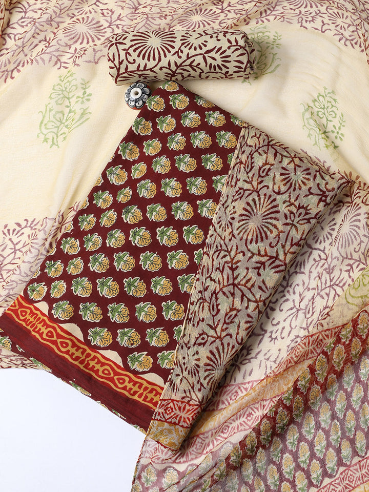 Printed Cotton Blend Unstitched Suit With Dupatta