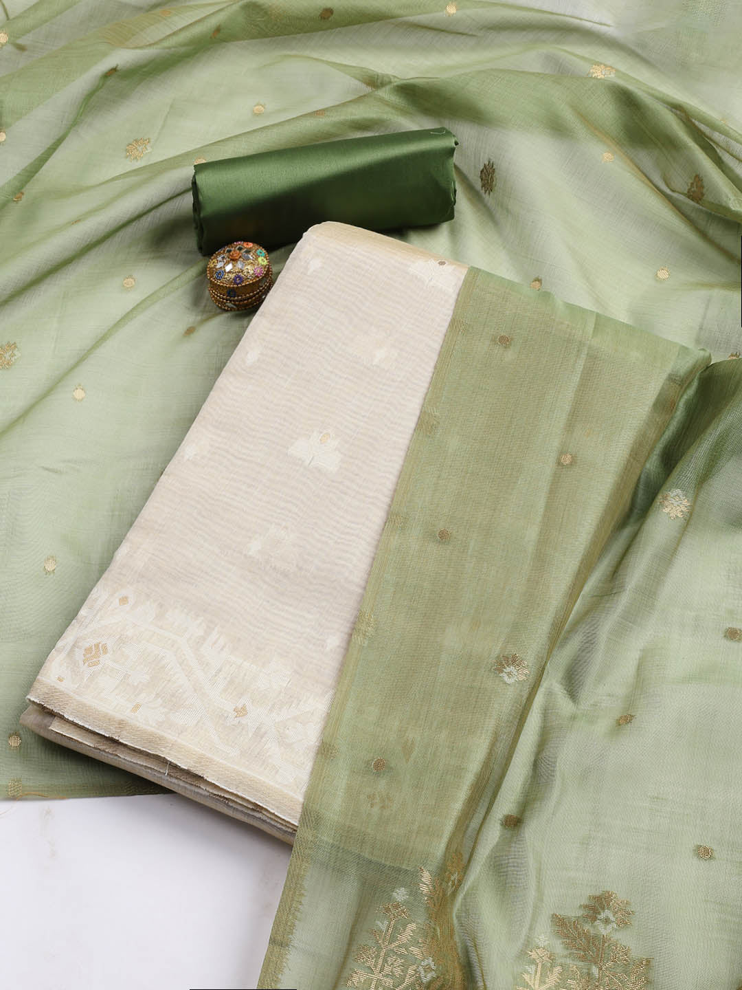 Jamdani Work Chanderi Unstitched Suit Piece With Dupatta