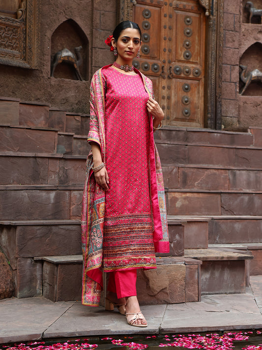 Printed & Embroidered Handloom Unstitched Suit With Dupatta