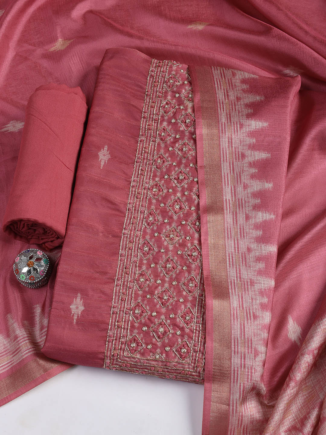 Embroidered Chanderi Unstitched Suit Piece With Dupatta