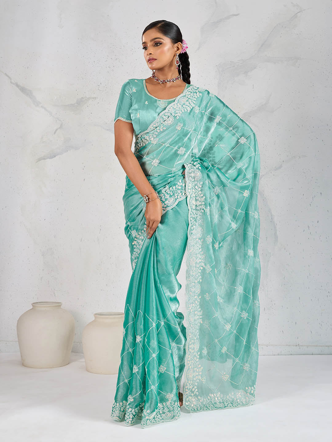 Sequence Embroidery Organza Saree