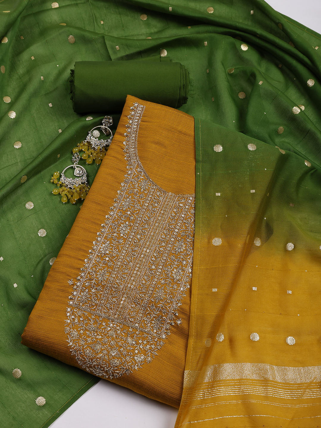 Neck Embroidered Chanderi Unstitched Suit Piece With Dupatta