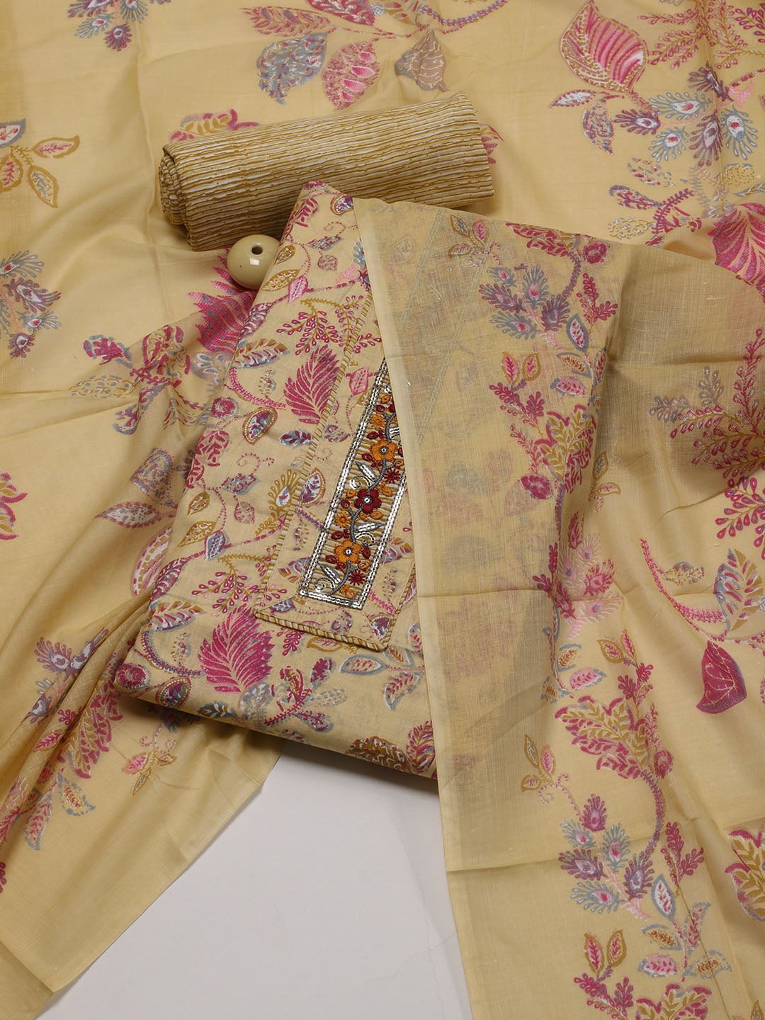 Floral Printed Cotton Blend Unstitched Suit Piece With Dupatta