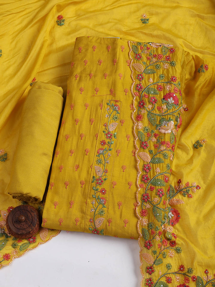 Neck Embroidered Cotton Blend Unstitched Suit With Dupatta