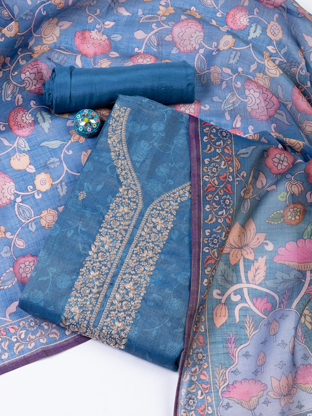 Neck Embroidered Chanderi Unstitched Suit With Dupatta