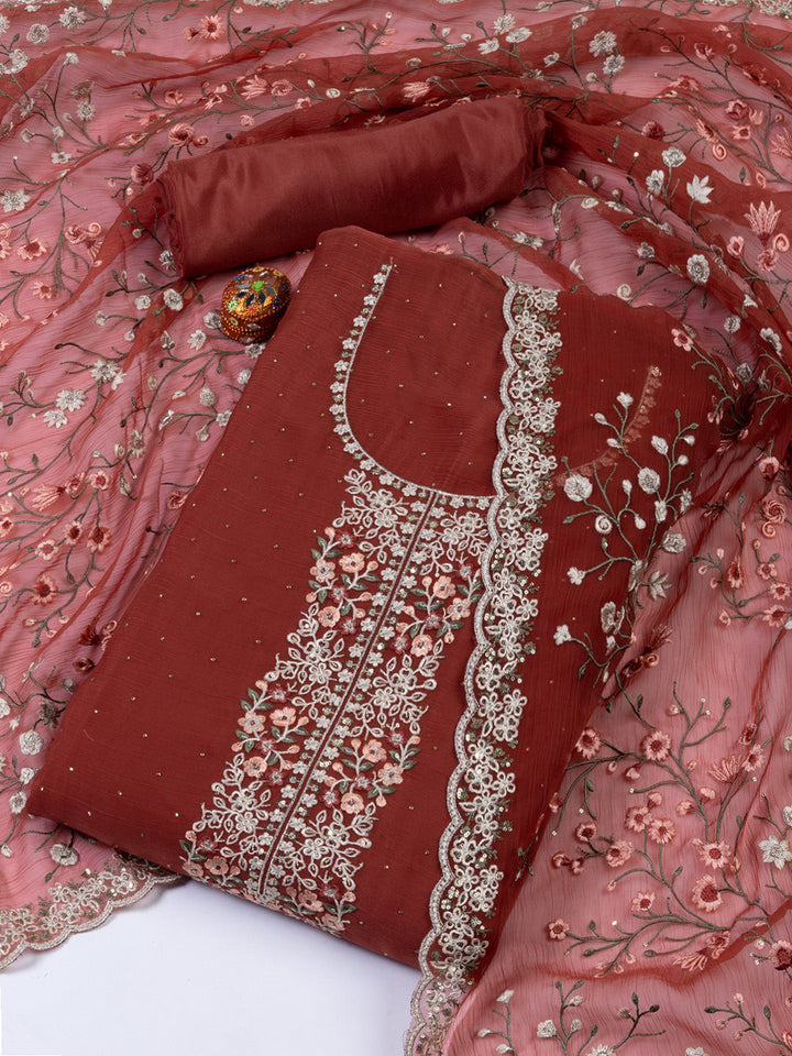 Neck Embroidered Organza Unstitched Suit With Dupatta