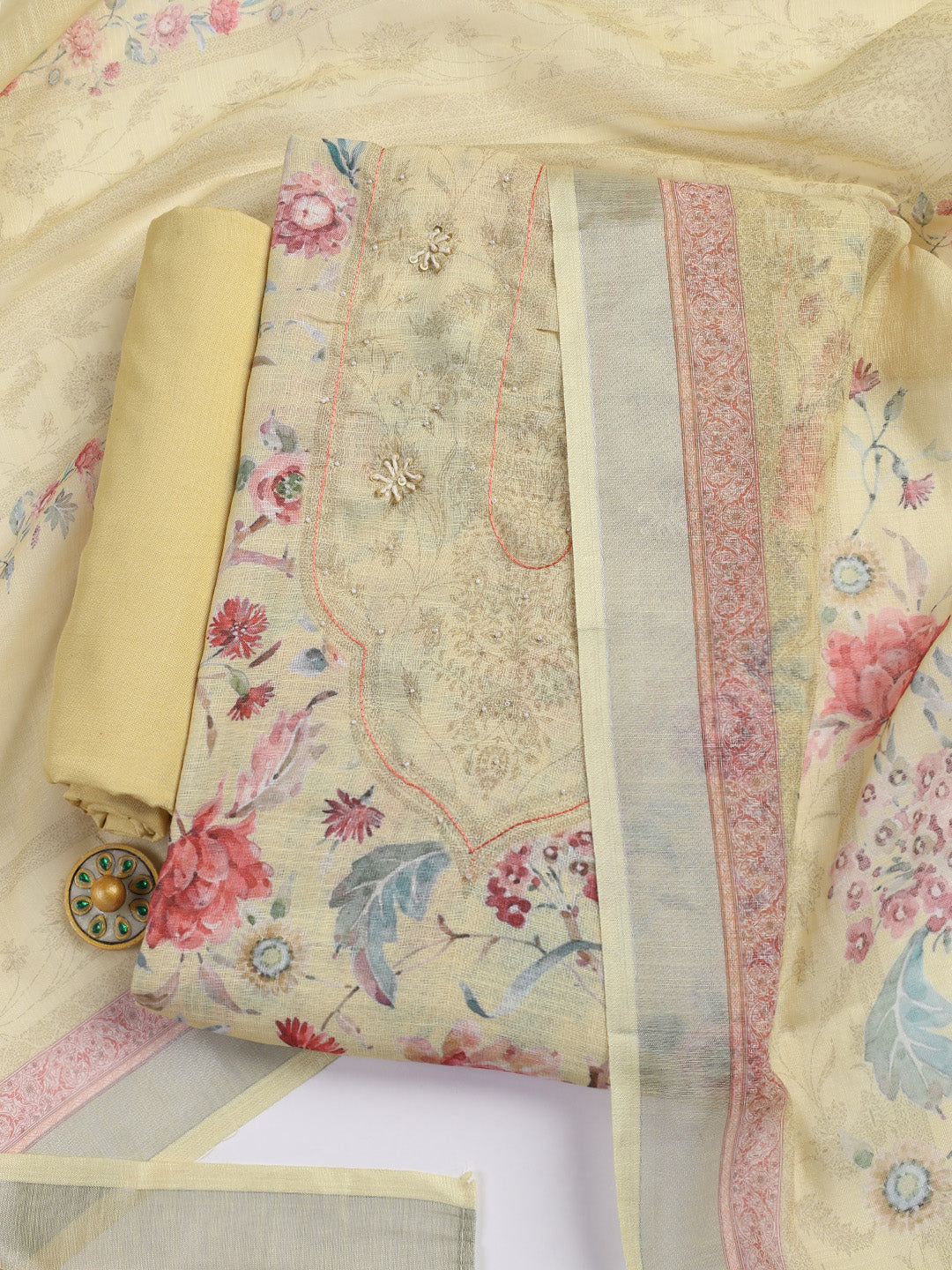 Floral Printed Linen Unstitched Suit Piece With Dupatta
