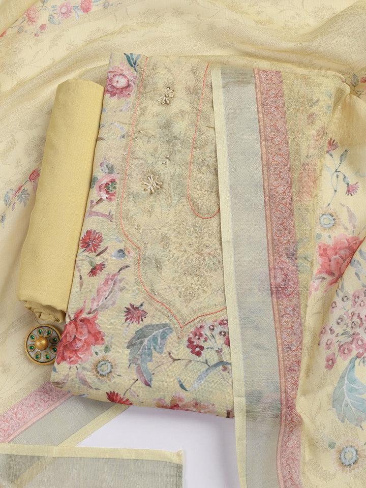 Floral Printed Linen Unstitched Suit Piece With Dupatta