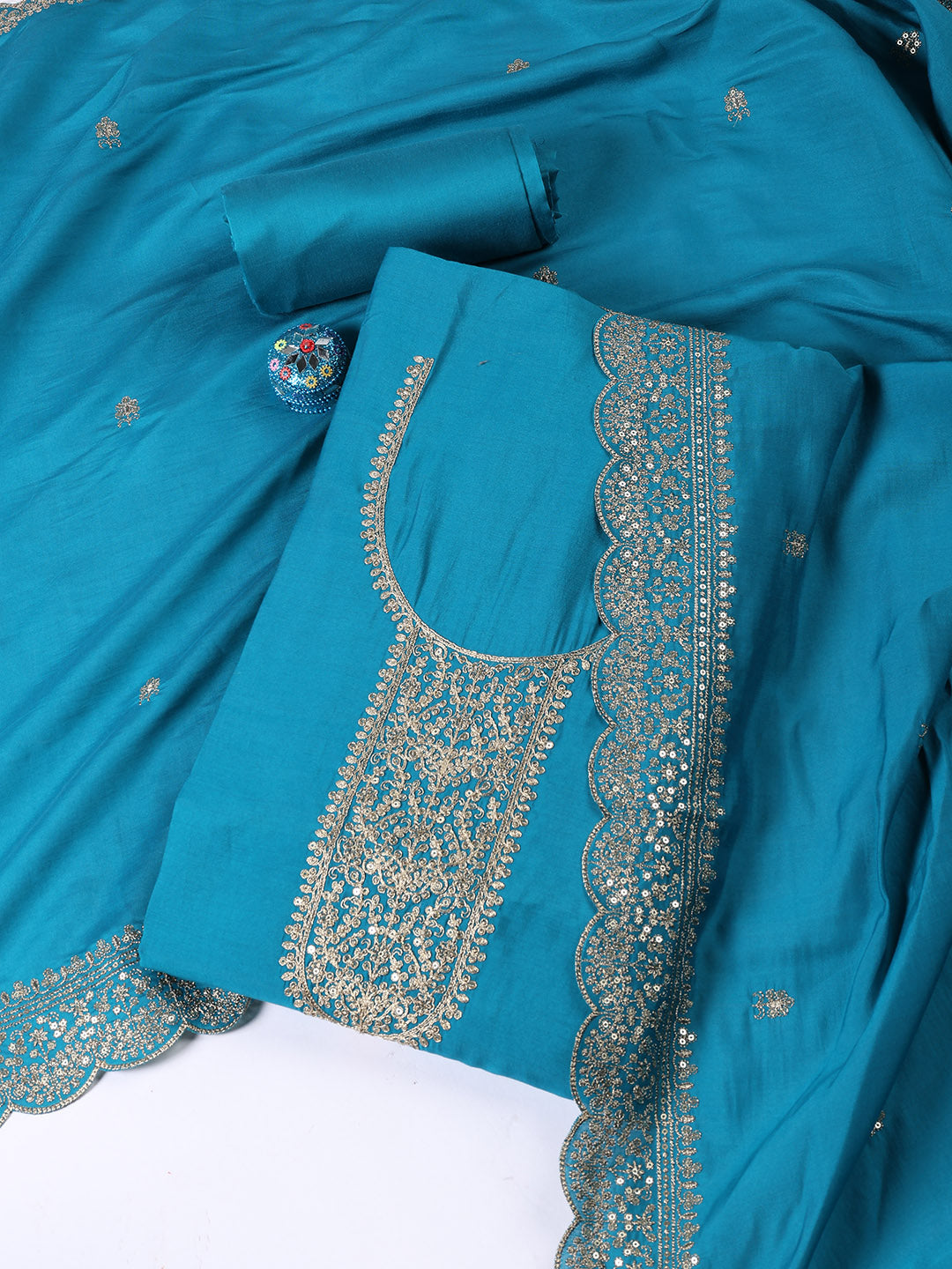 Neck Embroidered Chanderi Unstitched Suit Piece With Dupatta