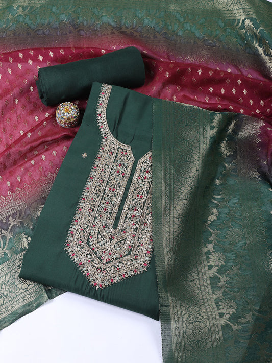 Neck Embroidered Chanderi Unstitched Suit With Dupatta