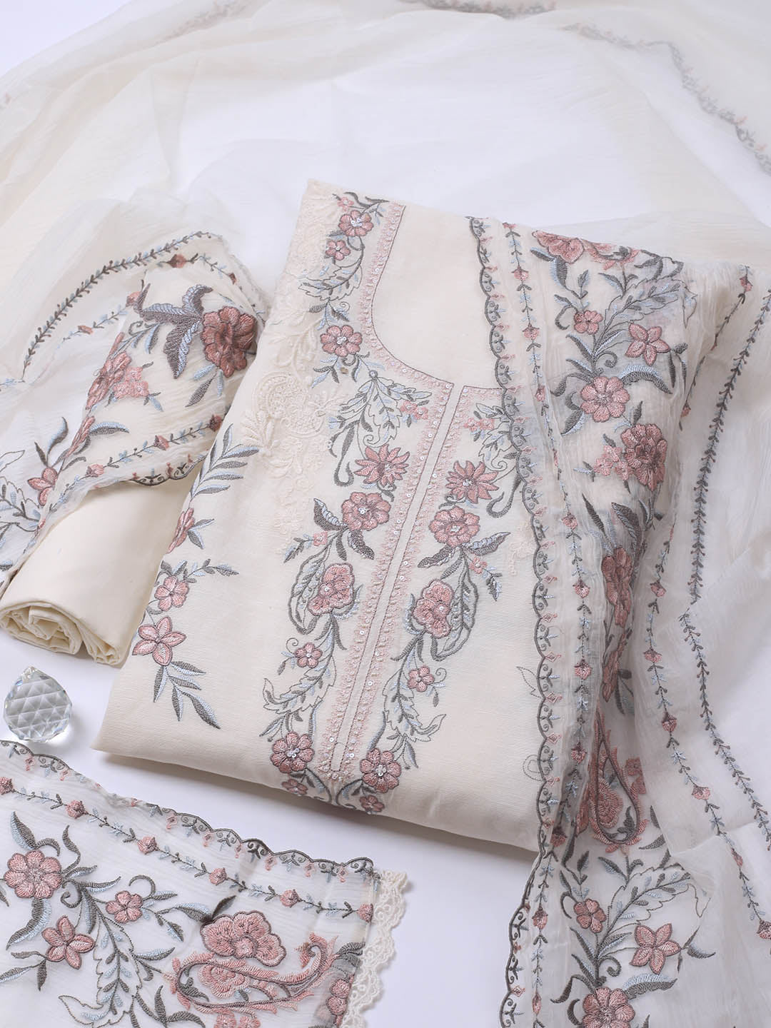 Embroidery Linen Unstitched Suit With Dupatta