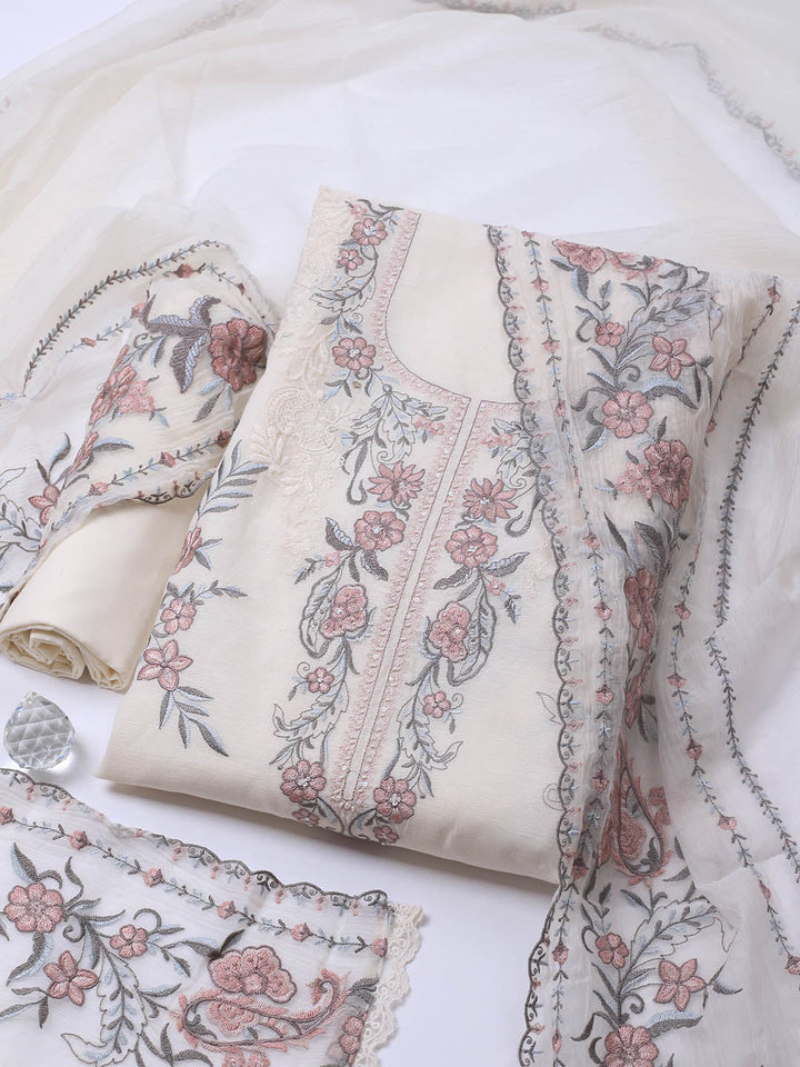 Embroidery Linen Unstitched Suit With Dupatta