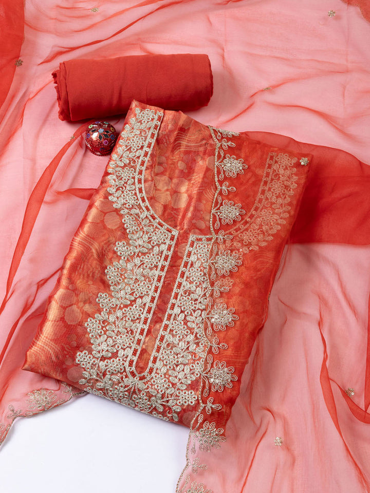 Neck Zari Embroidery Tissue Unstitched Suit With Dupatta