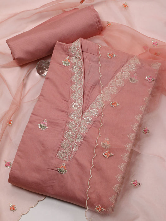 Neck Embroidered Chanderi Unstitched Suit With Dupatta