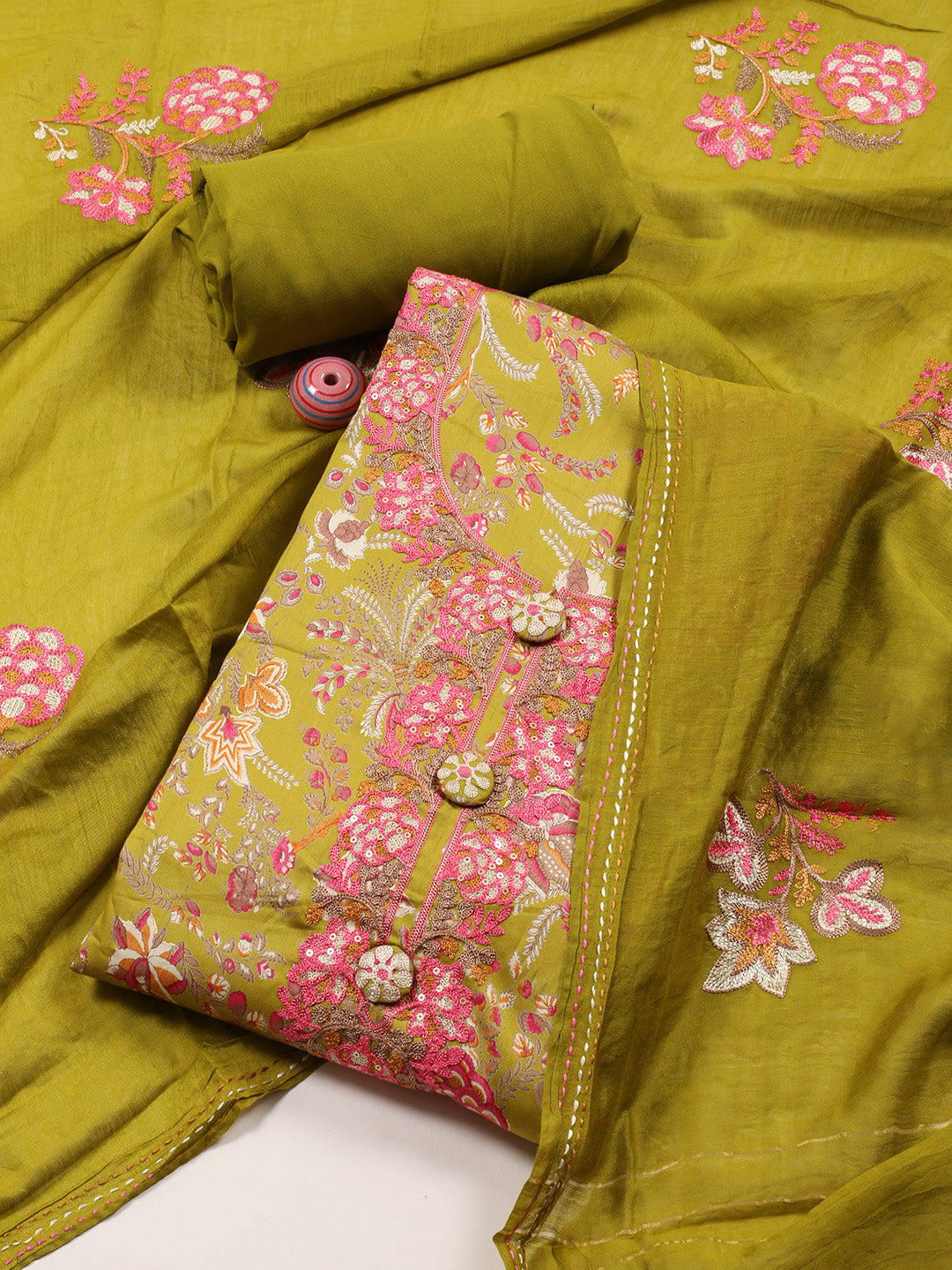 Neck Embroidered Cotton Blend Unstitched Suit With Dupatta