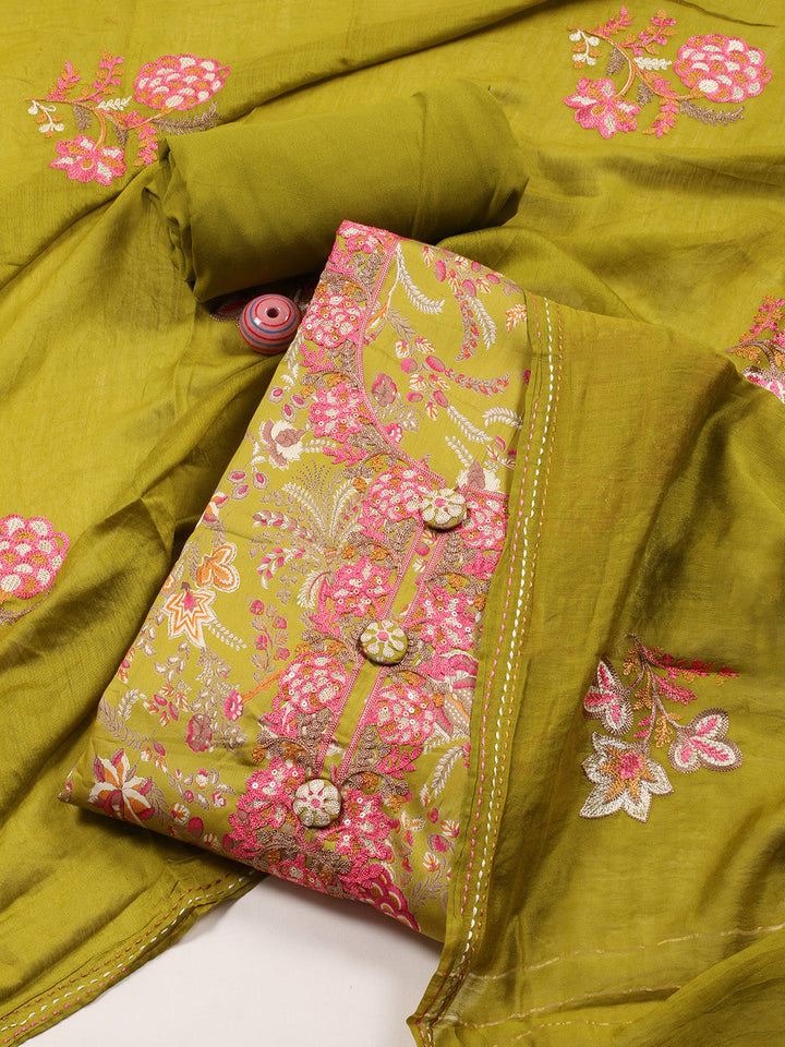 Neck Embroidered Cotton Blend Unstitched Suit With Dupatta