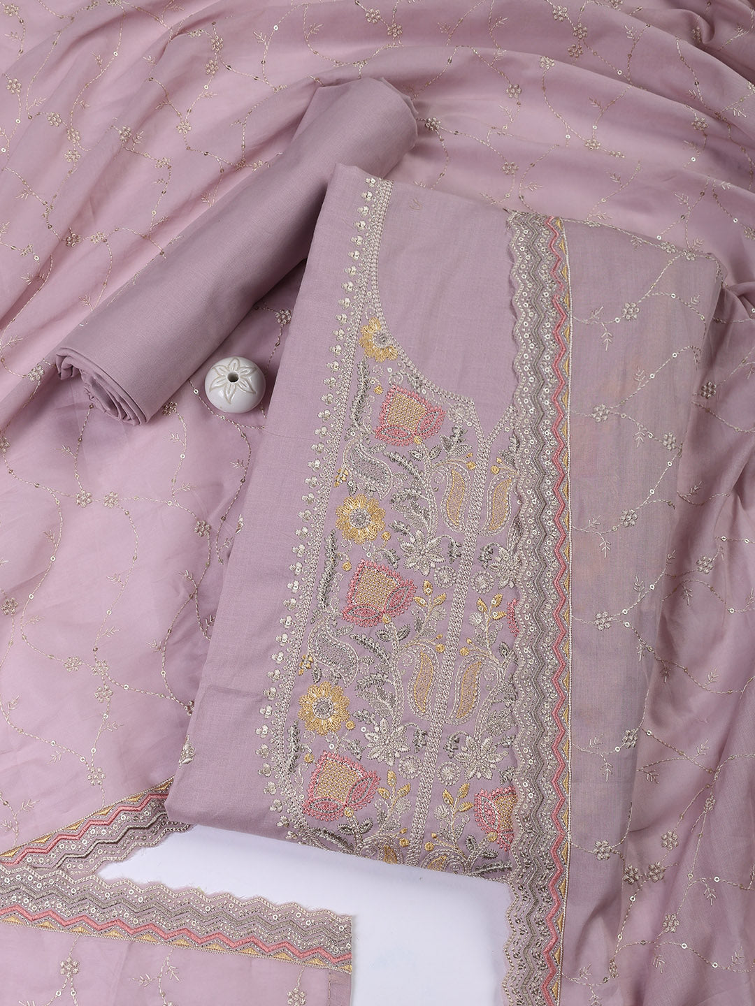 Embroidered Cotton Blend Unstitched Suit Piece With Dupatta