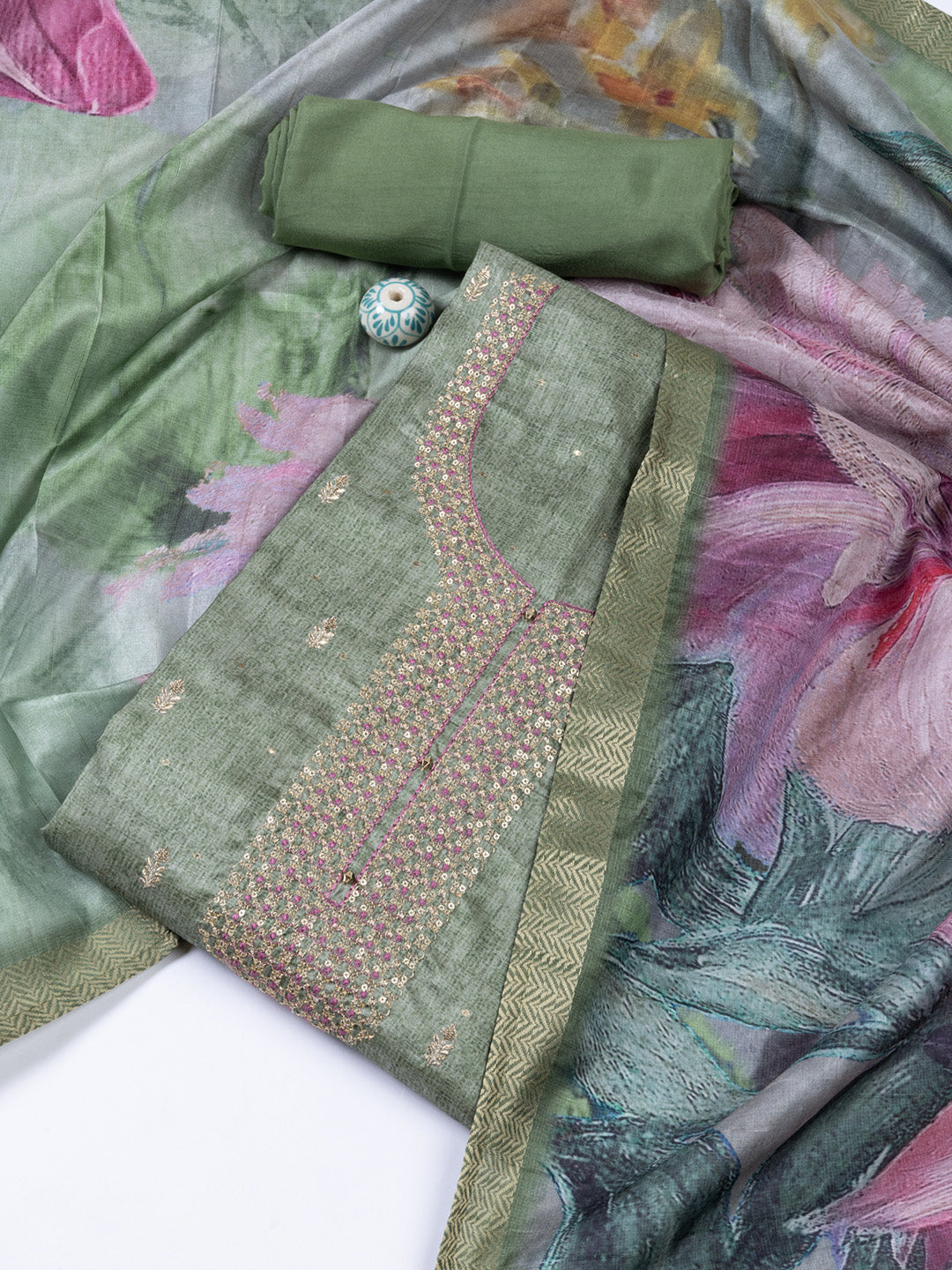 Neck Embroidered Tussar Unstitched Suit With Dupatta
