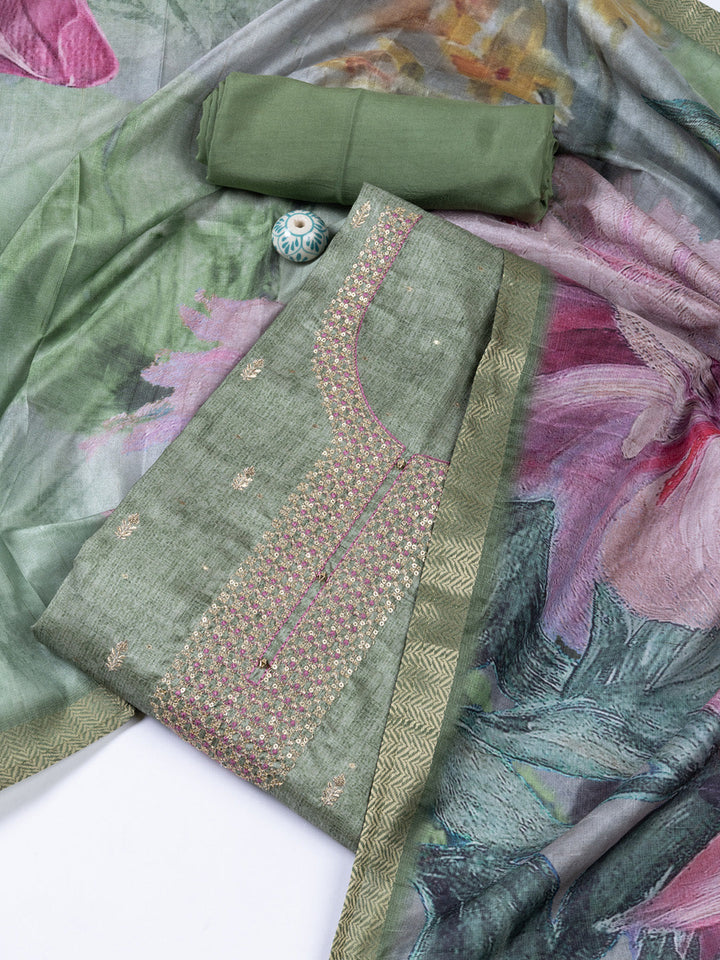 Neck Embroidered Tussar Unstitched Suit With Dupatta