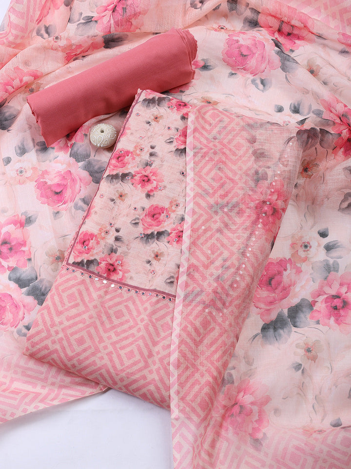 Neck Embroidered Linen Unstitched Suit Piece With Dupatta