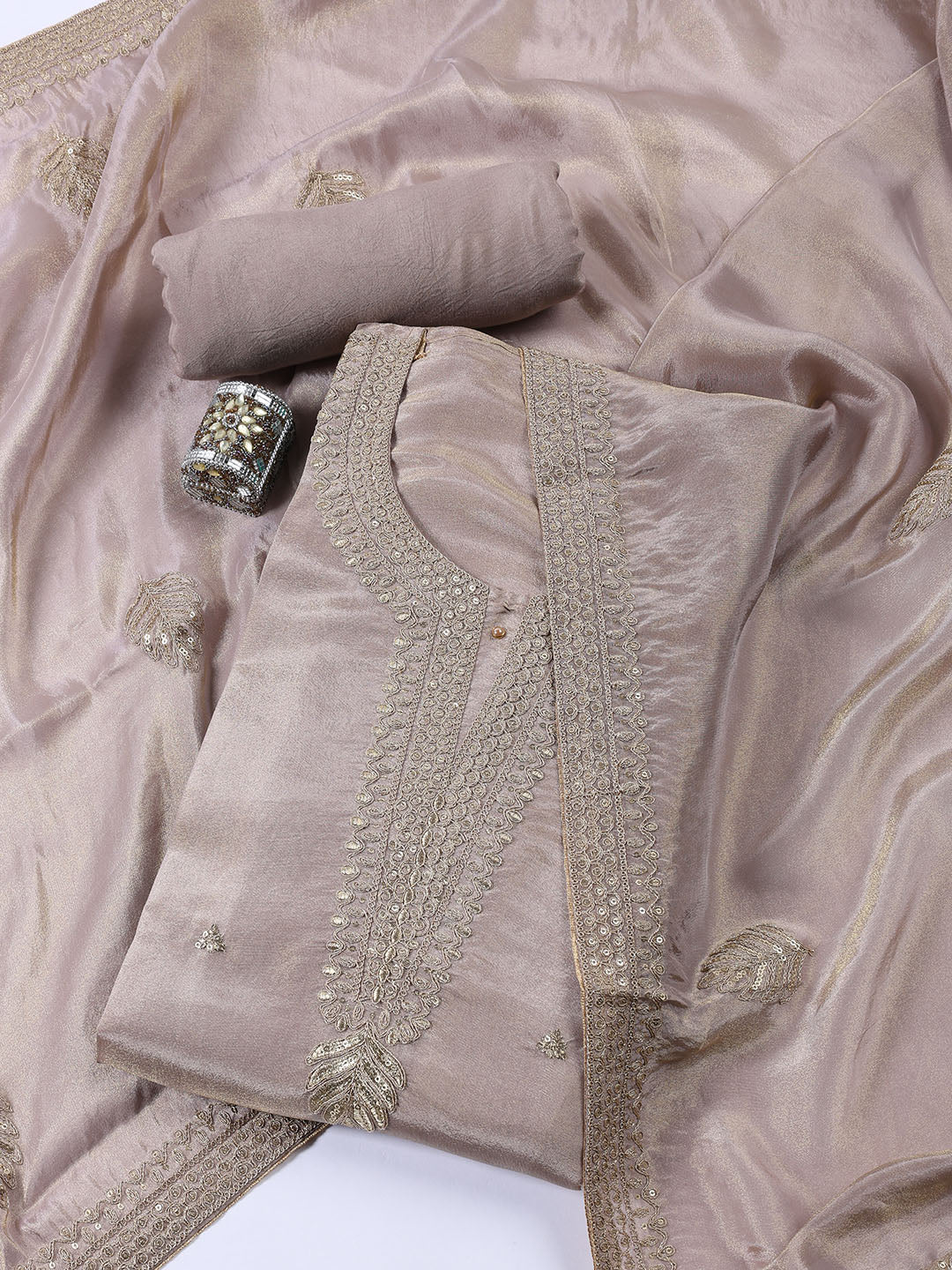 Neck Embroidered Tissue Unstitched Suit With Dupatta