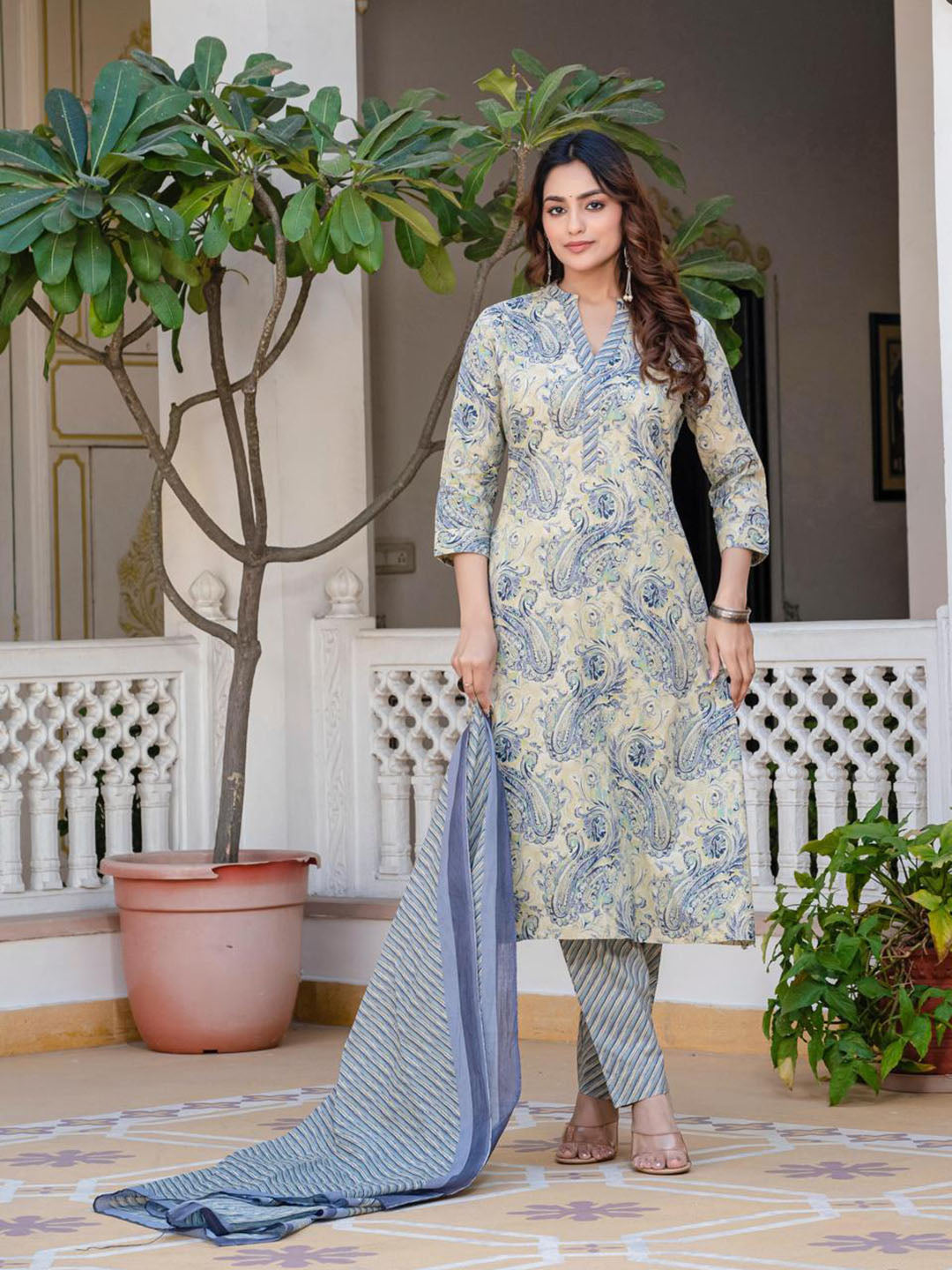 Printed Cotton Blend Kurta With Pants & Dupatta