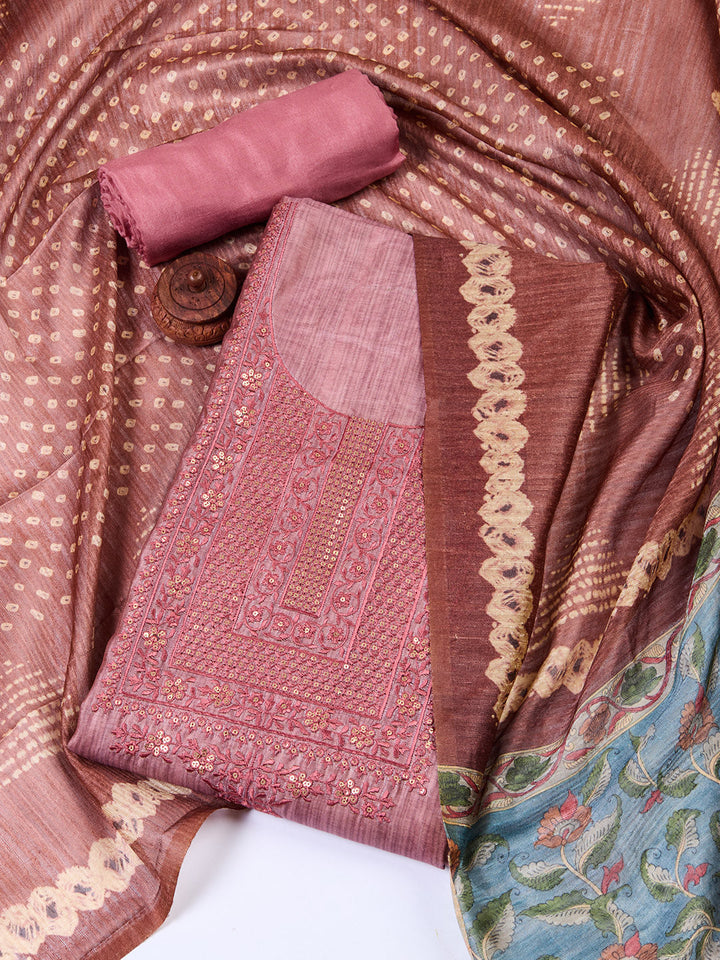 Neck Embroidered Chanderi Unstitched Suit With Dupatta