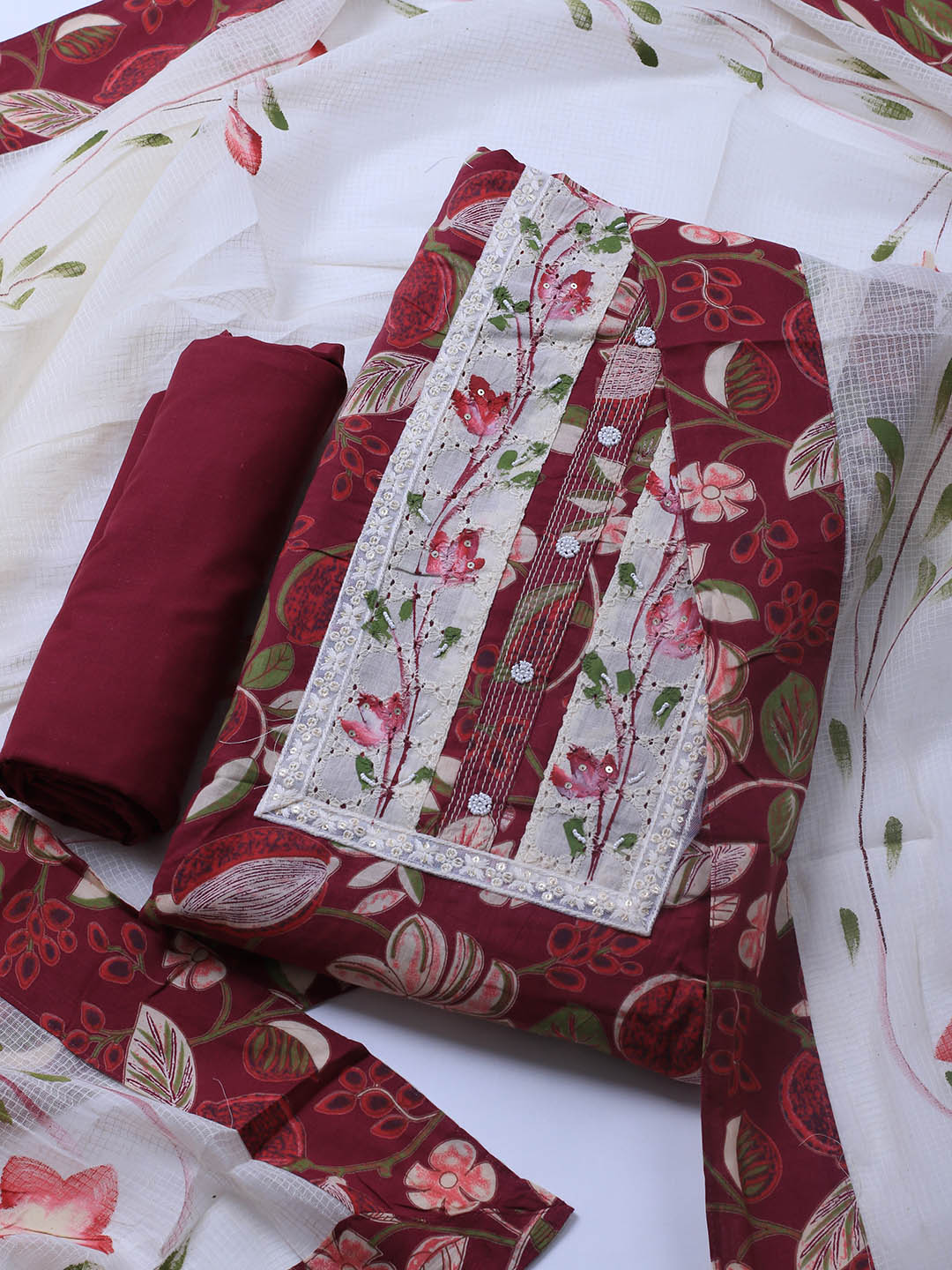 Patch Neck Cotton Blend Unstitched Suit Piece With Dupatta