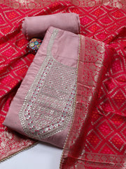 Neck Embroidered Chanderi Unstitched Suit Piece With Dupatta